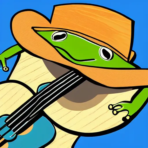 Image similar to cute frog playing on guitar, digital art, sombrero, blue background