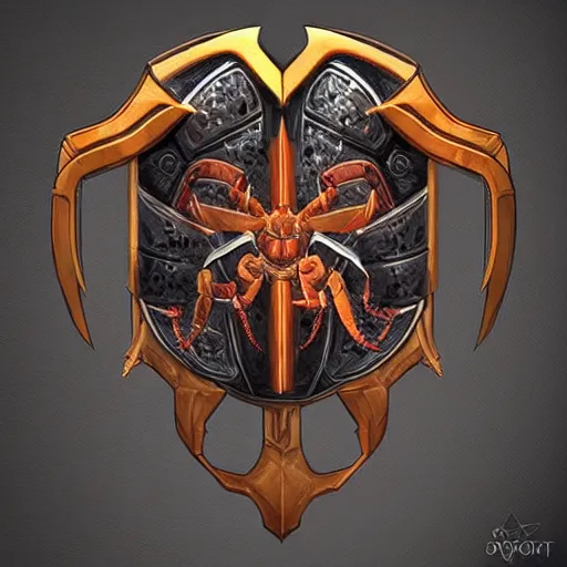 Image similar to concept art of celestial scorpion shield weapon, symmetry, shield design, fantasy shield, fantasy, behance, pinterest, deviantart, artstation, weapons concept art, design, rpg, weapon, detailed, digital art, incredible, digital painting