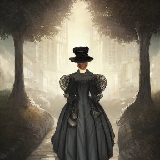 Prompt: portrait of a victorian lady with a tall hat in a futuristic city, from behind, streets, birds in the sky, sunlight and rays of light shining through trees, tall buildings on the sides, beautiful, solarpunk!!!, highly detailed, digital painting, trending on ArtStation