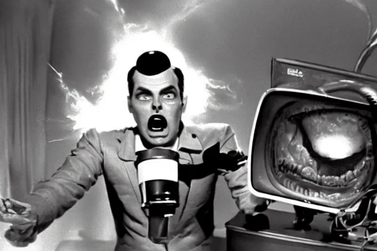 Image similar to a subgenius is shocked to see an alien appear on his television in his living room. sparks and smoke come out of the television. film still from 1 9 5 0 s sci - fi