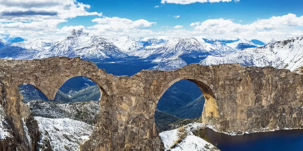 Image similar to Galaxy arch bridge, the foreground is snowy mountains and lakes, in the style of National Geographic magazine