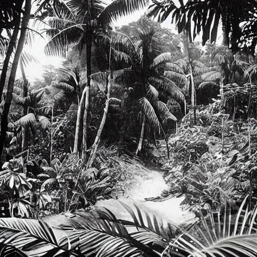 Image similar to a rizom lost film footage of a complex volume in the middle of the tropical jungle / tropicalism / tropicalism / tropicalism / film still / cinematic / enhanced / 1 9 2 0 s / black and white / grain