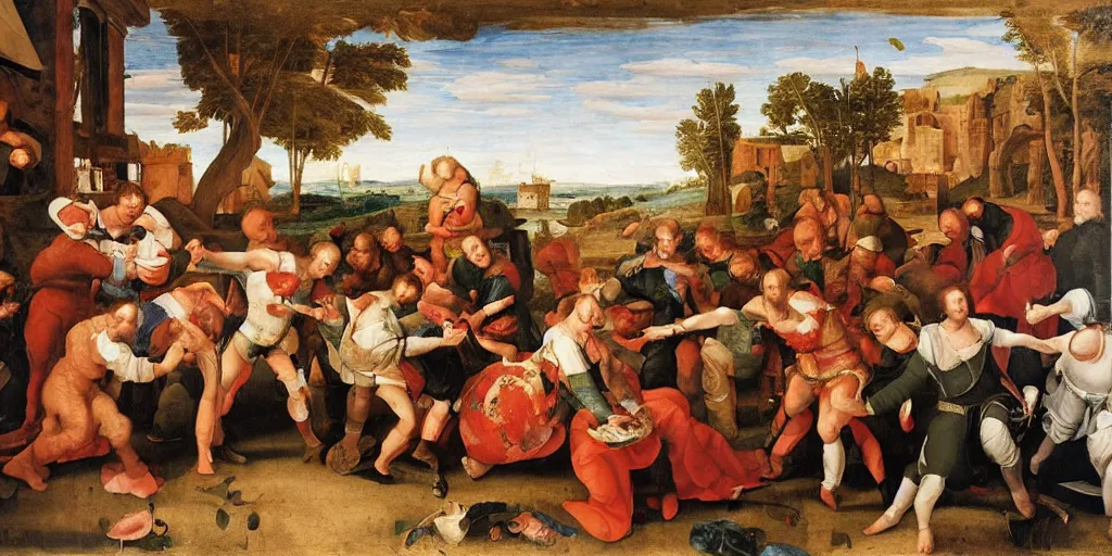 Prompt: an renaissance oil painting depicting customers fighting over toiletpaper, lots of toiletpaper , masterpiece, detailed oil painting, historical, battle