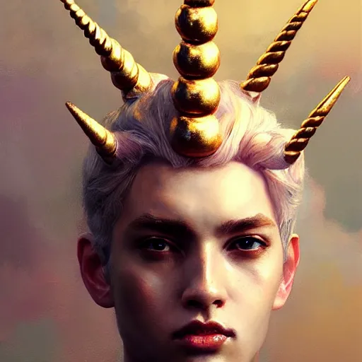 Prompt: expressive oil painting unicorn with two! heads!, seductive look, smirking, smooth, serious look, made from beads, glamour shot, by yoshitaka amano, by greg rutkowski, digital art, octane render, artstation, grunge aesthetic