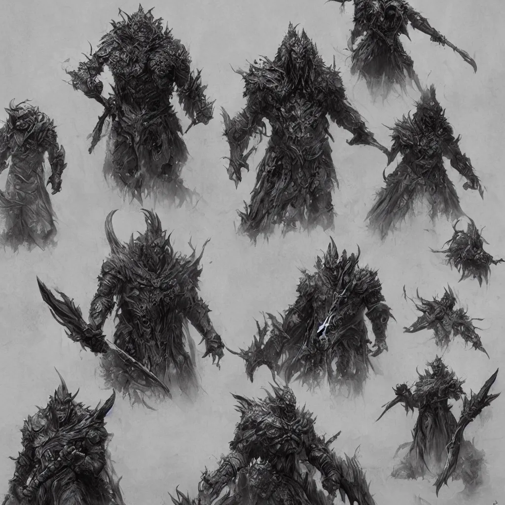 Image similar to feral chieftain charector concept sheet, beksinski, ruan jia, the hobbit orc concept, dark soul concept