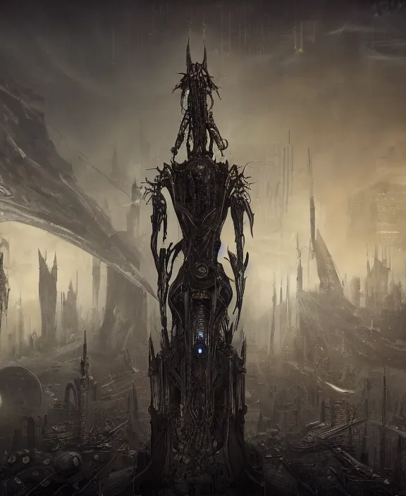 Prompt: steampunk style Sauron, futuristic technology, menacing pose, by HR Giger and Beksiński and Stephan Martiniere , 4k resolution, detailed, trending on artstation