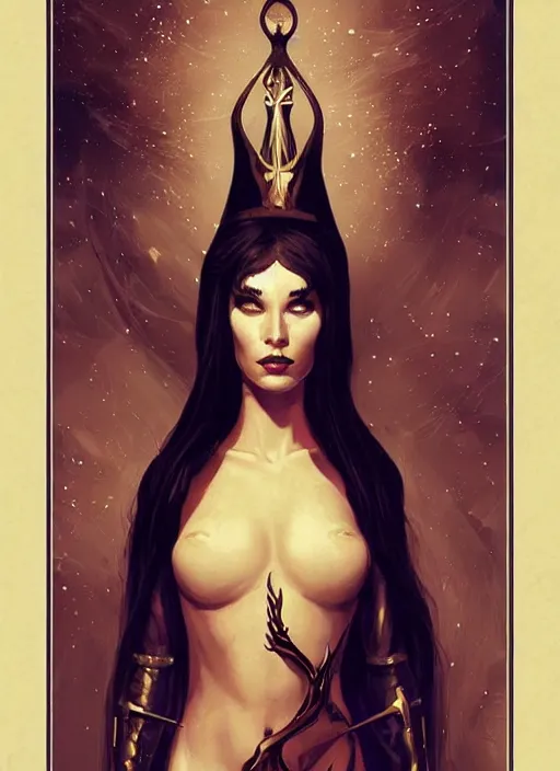 Image similar to tarot!!, high priestess, no noise, elegant, concept art, sharp focus, beautiful face!!, digital art, smooth defined outlines!!, human anatomy, human structure, vector background, dark fantasy, by Brom, trending on Artstation, Tom Bagshaw, Sargent