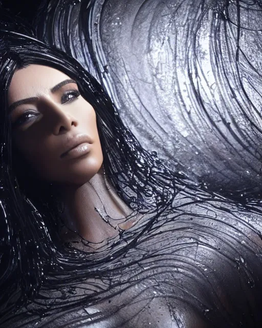 Prompt: epic full - pov - shot still of kim kardashian unconscious wearing a black lace dress in a transparent alien liquid, wet flowing hair, gooey skin, illustration, unreal engine 5, 8 k, made by h. r. giger.