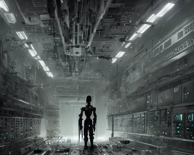 Image similar to gloomy colossal ruined server room in datacenter robot figure automata headless robot knight welder posing pacing fixing soldering mono sharp focus, emitting diodes, smoke, artillery, sparks, racks, system unit, motherboard, by pascal blanche rutkowski artstation hyperrealism painting concept art of detailed character design matte painting, 4 k resolution blade runner