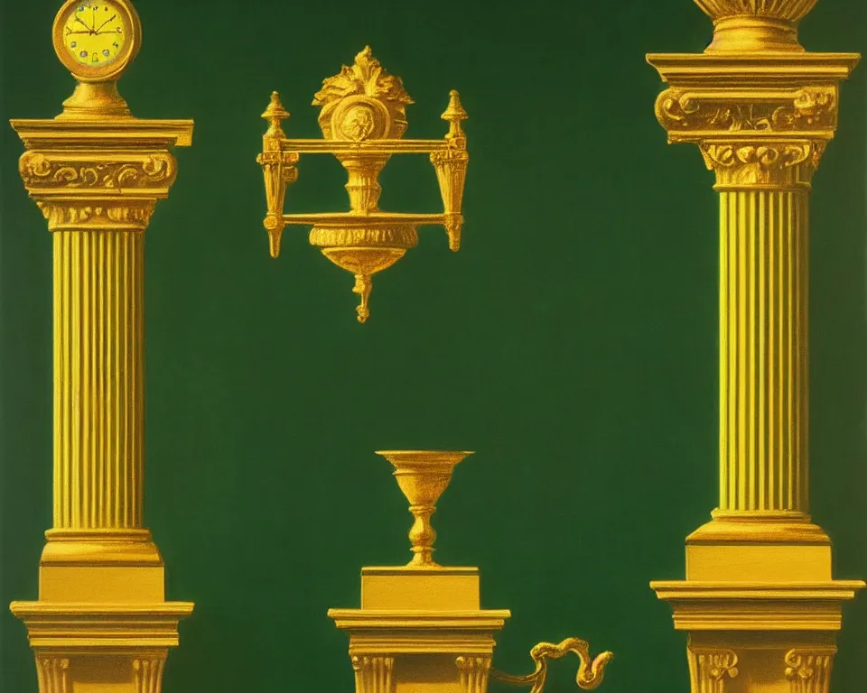 Prompt: an achingly beautiful print of gold clocks and corinthian capitals on a dark green wall by Raphael, Hopper, and Rene Magritte. detailed, romantic, enchanting, trending on artstation.