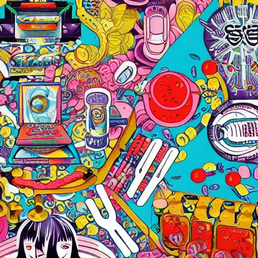 Image similar to pills, powders, acid tabs and syringes by tristan eaton and james jean, chiho aoshima color scheme