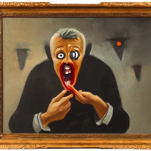 Image similar to horrified man screaming with open mouth and carrots protruding from his eyeballs, foggy atmosphere, oil painting