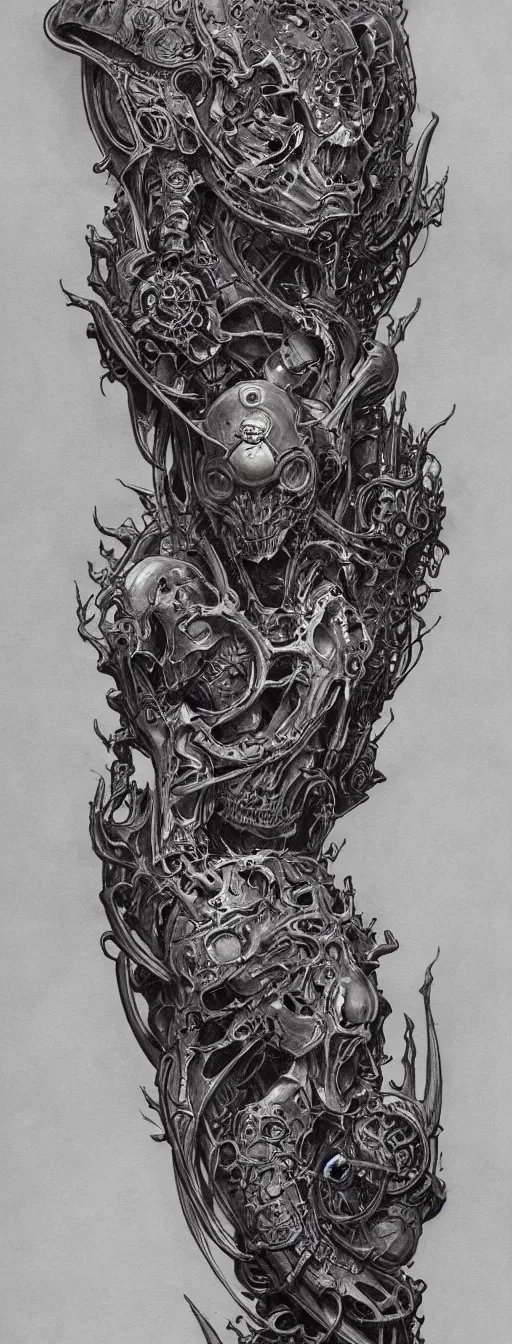 Prompt: highly detailed doom tattoo sleeve concept art drawing, side view, sf biomechanical designs, intricate and stylized infernal designs by zdizslaw beksinski, kilian eng, alphonse mucha