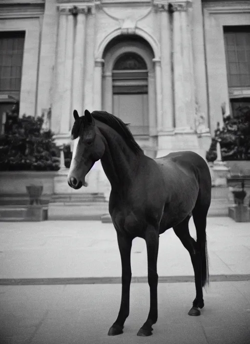 Image similar to a photograph of a horse in front of the metropolitan museum of art, foggy, 3 5 mm, color film camera, pentax