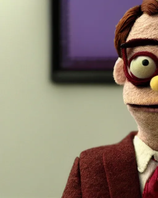 Prompt: a still if dwight schrute with brown suit as a muppet in the office. highly detailed felt. hyper real photo. 4 k.