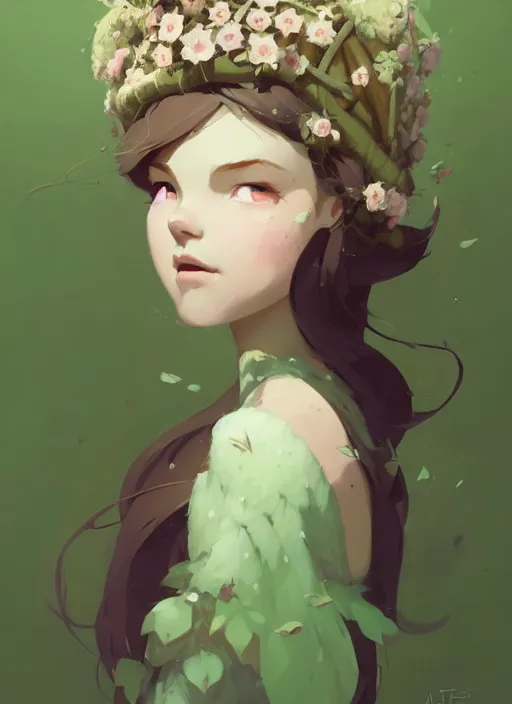 Image similar to portrait of cute fairy girl with crown of flowers fantasy, by atey ghailan, by greg rutkowski, by greg tocchini, by james gilleard, by joe gb fenton, by kaethe butcher, dynamic lighting, gradient light green, brown, blonde cream and white color in scheme, grunge aesthetic