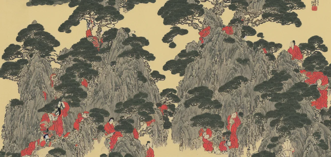 Image similar to taoist monks and temples in huangshan, artwork by katsushika hokusai