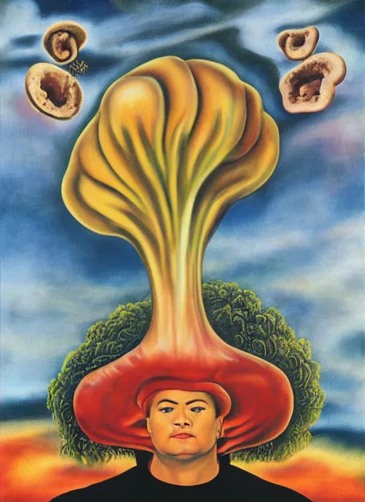 Image similar to 8 0 s new age album cover depicting a mushroom cloud in the shape of guy fieri, very peaceful mood, oil on canvas by frida kahlo