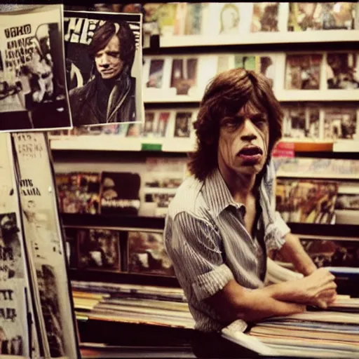 Image similar to mick jagger working in a record store in 1 9 6 9, polaroid photo, artistic, realistic, snapshot, gritty, portrait