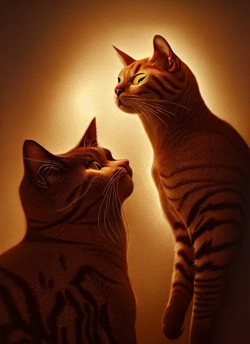 Image similar to a humanoid two cat, portrait of a ginger humanoid cat and a gray humanoid cat, atmospheric lighting, painted, menacing, intricate, volumetric lighting, beautiful, rich deep colours masterpiece, golden hour, sharp focus, ultra detailed, by leesha hannigan, ross tran, thierry doizon, kai carpenter, ignacio fernandez rios