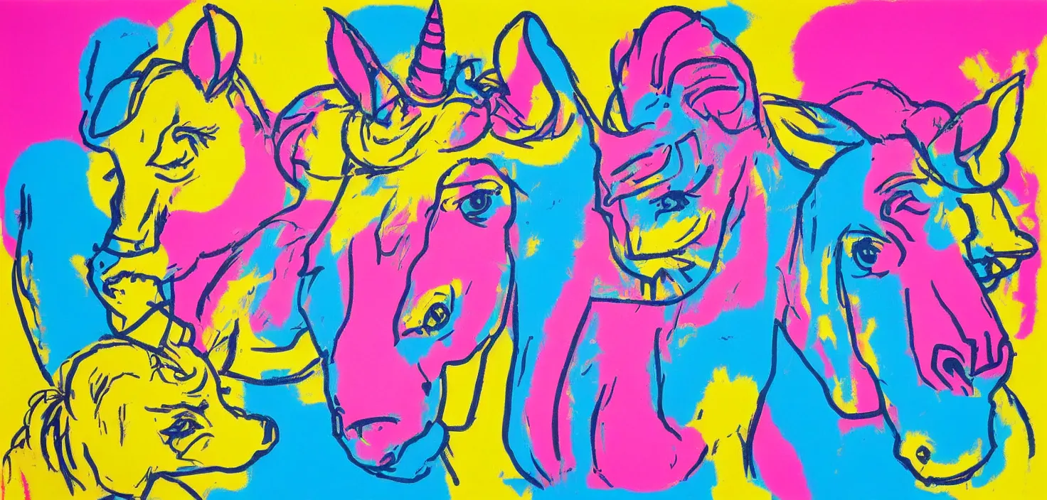 Image similar to a unicorn and a mouse on a sugar rush, colourful, bright, cheery, andy warhol, ralph goings