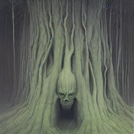 Image similar to forest goblin by Zdzisław Beksiński, oil on canvas