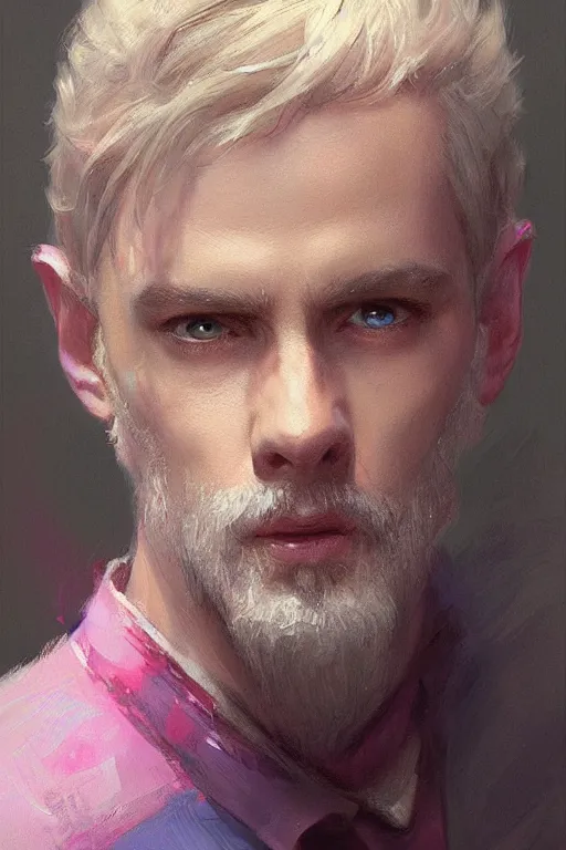 Image similar to painted portrait of realistic wold wearing pink shirt, mature, handsome, blue eyes, intricate, digital painting, artstation, concept art, smooth, sharp focus, illustration, art by gaston bussiere and greg rutkowski