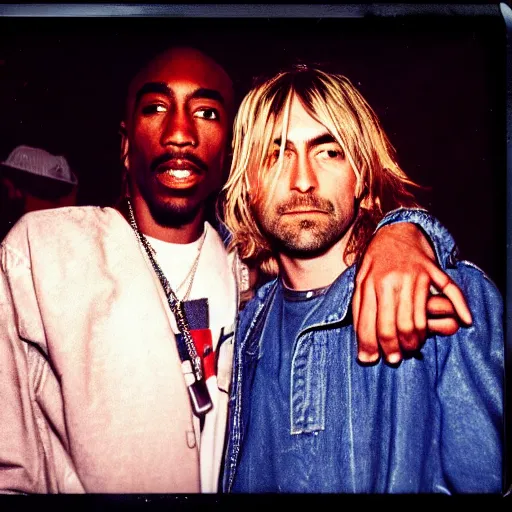 Image similar to Polaroid photograph of Kurt Cobain and Tupac Shakur in a club, blurry, XF IQ4, 150MP, 50mm, F1.4, ISO 200, 1/160s, natural light, Adobe Lightroom, photolab, Affinity Photo, PhotoDirector 365,