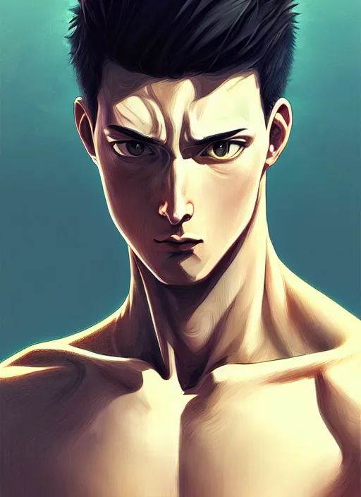 Image similar to handsome saitama, half body shot, path traced, fighting, highly detailed, high quality, digital painting, alena aenami, lilia alvarado, shinji aramaki, karol bak, alphonse mucha, tom bagshaw