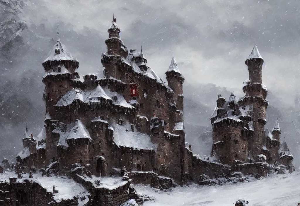 Image similar to large medieval castle on top of a snowy mountain, artstation, jakub rozalski, high detail, wandering knights