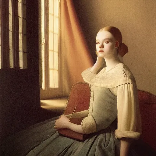 Image similar to a striking hyper real painting of Elle Fanning at night by Johannes Vermeer