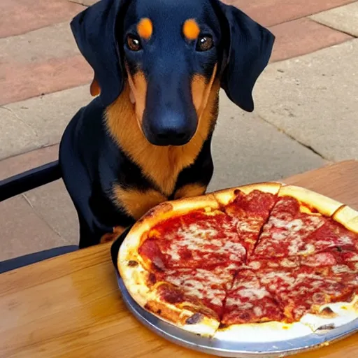 Prompt: Still of a happy daschund eating pizza