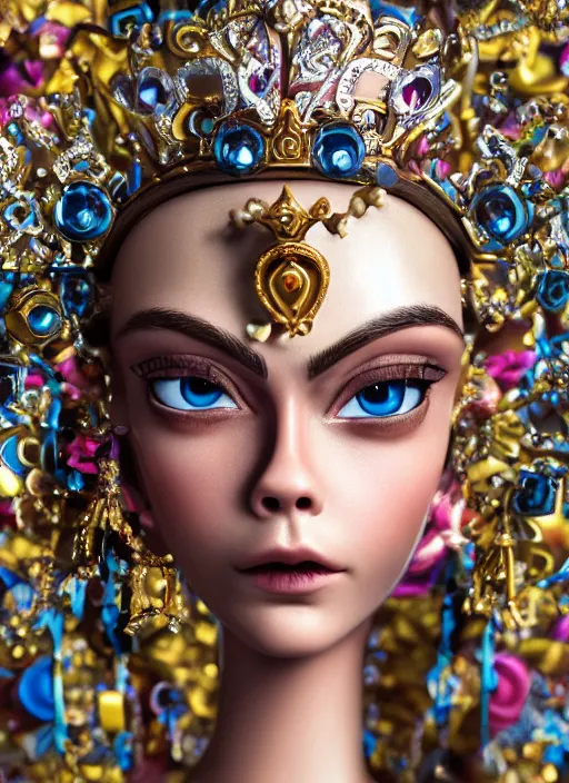 Image similar to closeup face profile portrait of a tin toy cara delevingne as a fairytale princess wearing a crown, bikini, depth of field, zeiss lens, detailed, symmetrical, centered, fashion photoshoot, by nicoletta ceccoli, mark ryden, lostfish, breathtaking, 8 k resolution, extremely detailed, beautiful, establishing shot, artistic, hyperrealistic, octane render