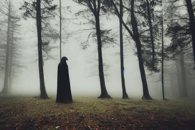 Image similar to a close shot of a grim reaper standing in a forest, detailed, style of flooko, mythical, mist, depressing, tired, dark, lush, nature, mist, mystery, glows, somber, dismal, fog, heavy fog, dark lighting, rim light, glow, ambient light, cybernetic, sci-fi,