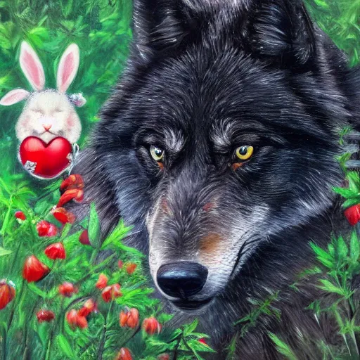 Image similar to a majestic large black wolf with red eyes curled around a small, fragile and cute white rabbit lovingly to protect it from the dangerous forest that is all around them, oil painting, award winning, 4k, high quality, high detail