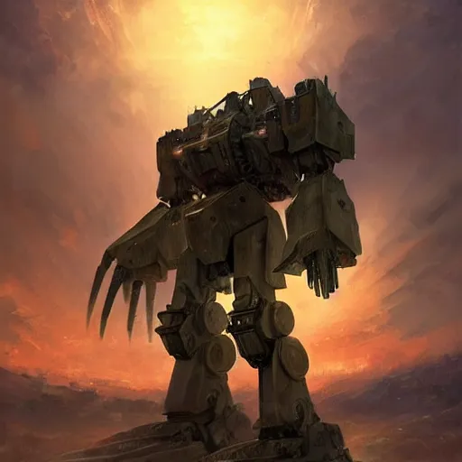 Prompt: portrait of giant mech warrior battlemech that houses 100's of homes on fire, battle damage, sunset glow around head, full body portrait, intricate, elegant, highly detailed, digital painting, artstation, concept art, smooth, sharp focus, illustration ,sunset, dramatic lighting by Marc Adamus art by artgerm and greg rutkowski and alphonse mucha, background is a city in ruins,
