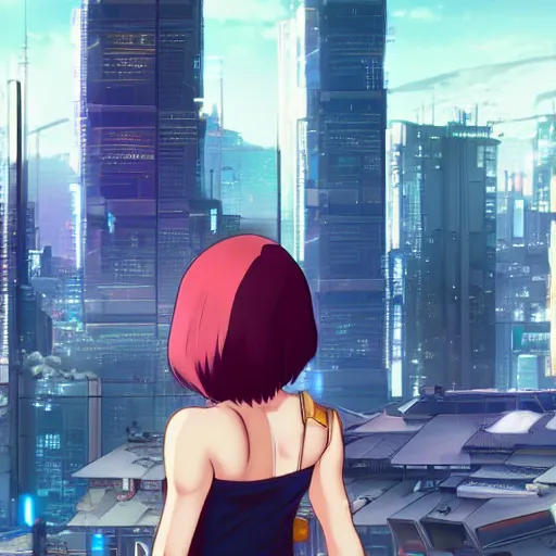 Image similar to a girl stands on top of a multi-storey building, anime style, 4k, cyberpunk city in the background, very detailed, by Ilya Kuvshinov