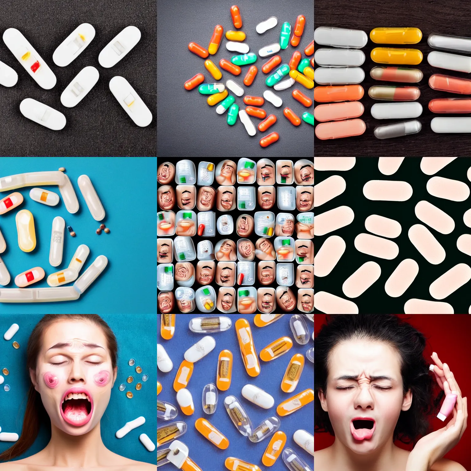 Prompt: med pills with face expression