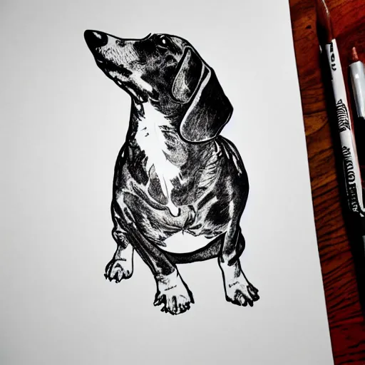 Prompt: Expert ink illustration of a Dachshund