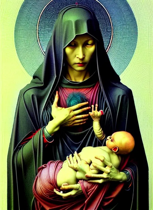 Prompt: realistic detailed 8k photo of futuristic holy cyborg-mother holding a newborn baby child in hands by Raphael Santi, orthodox icon Neo-Gothic, gothic, rich deep colors. Beksinski painting, art by Takato Yamamoto. masterpiece