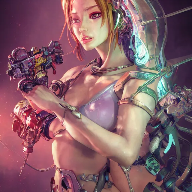 Image similar to studio portrait of lawful good colorful female holy mecha paladin absurdly beautiful, elegant, young thin bikini model, ultrafine hyperrealistic detailed face illustration by kim jung gi, irakli nadar, intricate linework, sharp focus, bright colors, matte, octopath traveler, final fantasy, unreal engine highly rendered, global illumination, radiant light, intricate environment