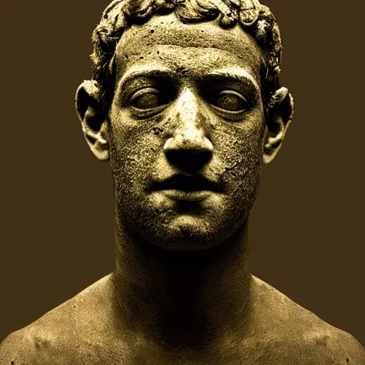 Prompt: Award-winning photograph by Paul Strand. The photo depicts a decaying roman bust of Mark Zuckerberg overgrown with moss at the bottom of the sea in the middle of ruins of civilization. Ruins. Minimalism, high definition, perfect composition. Deep sea picture. Very dark. Volumetric Lighting. Fish. Darkness. Ruins