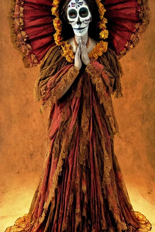 Image similar to 1 9 1 0's virgin mary dia de muertos dress and make up, horrific beautiful vibe, evocative, atmospheric lighting, painted, intricate, highly detailed, leesha hannigan, wayne haag, reyna rochin, ignacio fernandez rios, mark ryden, iris van herpen, stunning, gorgeous, sharp focus, cinematic, masterpiece