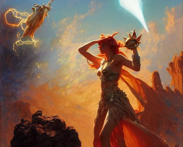 Image similar to sorceress casting powerful meteor spell in the plains. highly detailed painting by gaston bussiere, craig mullins, j. c. leyendecker 8 k