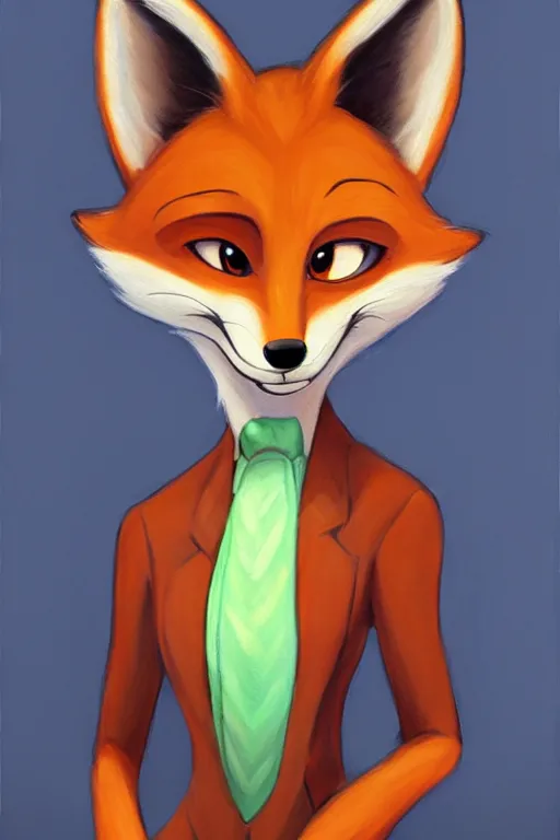 Image similar to oil painting of anthromorphic female fox, in style of zootopia, female fursona, furry, furaffinity, 4 k, deviantart, furry art, fursona art, wearing black business suit, business suit, fox fursona, nick wilde female, female, smug expression,