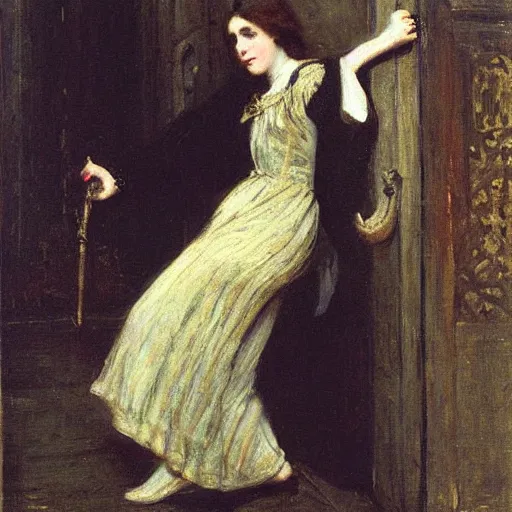 Image similar to young victorian woman escaping a dungeon, by alfred stevens