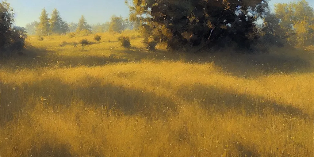 Image similar to an oil painting of a beautiful meadow; masterpiece; extremely-detailed; by Craig Mullins