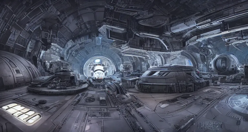 Prompt: a biomechanical gieger star wars death star interior mri machine millennium falcon space-station with massive piping inspired by a nuclear reactor submarine and maschinen krieger, ilm, beeple, star citizen halo, mass effect, starship troopers, elysium, iron smelting pits, high tech industrial, warm saturated colours