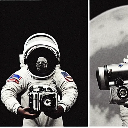 Image similar to an astronaut with a beer bottle and a vintage camera