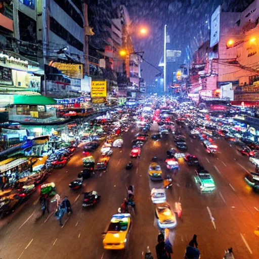 Prompt: center of bangkok crowded with people and vehicles during a snowstorm